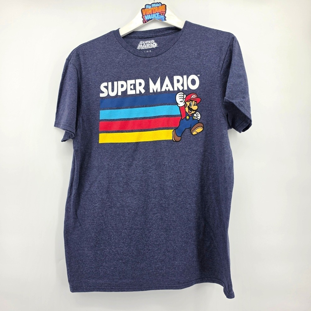 Super Mario Nintendo Mens Graphic T-Shirt Heather Navy Blue Large Retro Stripes
